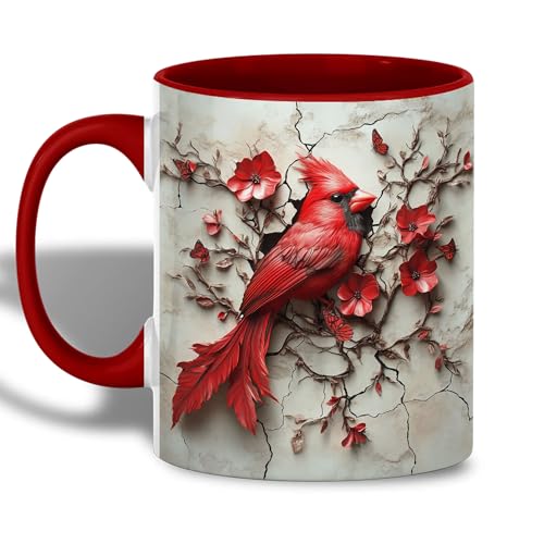 ANOVRA Cardinal Bird Ceramic Mug, Artistic Red Cardinal with Flowers and Cracked Background, Gift for Bird Lovers (Red, 11 Ounces)