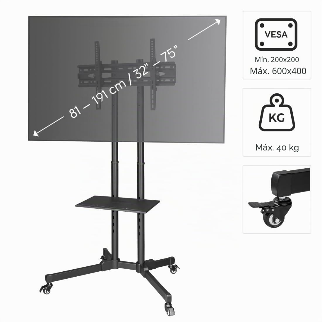 Hama Soporte TV Trolley con Ruedas, hasta 75", Altura Ajustable, Negro