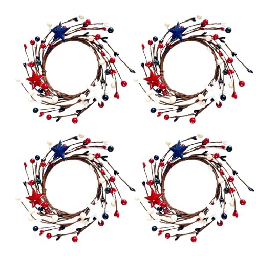 4PCS Mini Wreath Red White & Blue Star Mixed Berries & Pip Berry Candle Rings, Patriot July 4th Berries Candle Rings Small Wreaths,4 inch Center for Pillar Candle Tabletop Decor