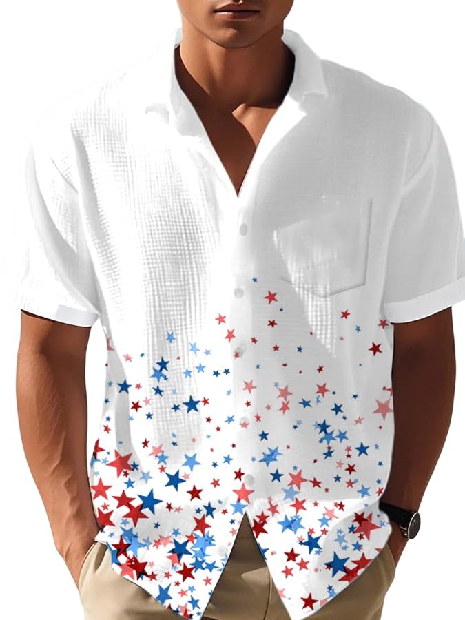 Men's Casual Independence Day Stars Fireworks Waffle Short Sleeve Shirt