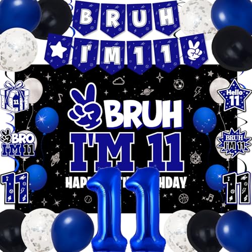 Image of 11th Birthday Decorations for Boys and Girls, Blue and Black Happy 11th Birthday Party Decorations, Bruh I'm 11 Backdrop, Foil Balloons 11, Banner, Balloons, Hanging Swirls, Birthday Card Set 41pcs