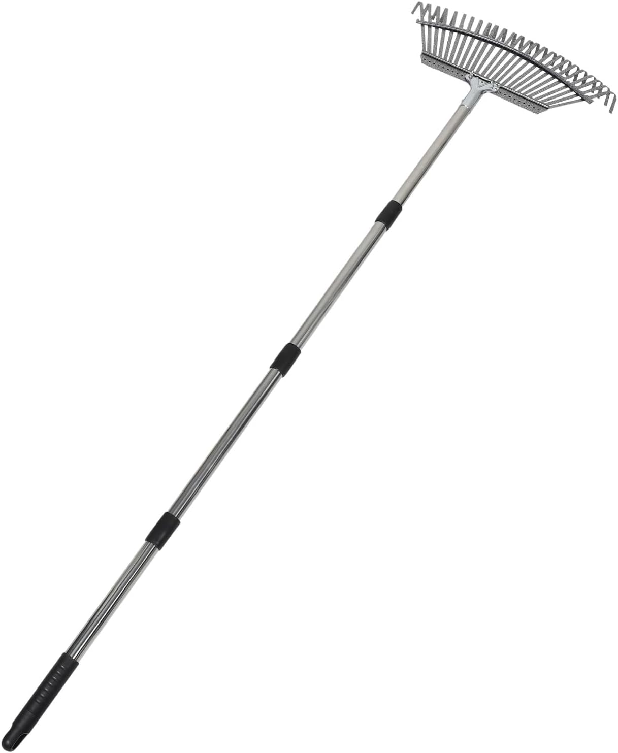 Operitacx Large Stainless Steel Garden Rake for Leaves Cleanup with 25 Tines and Detachable Sectional Handle, Metal Lawn Weeding Rake for Gardening and Yard Maintenance