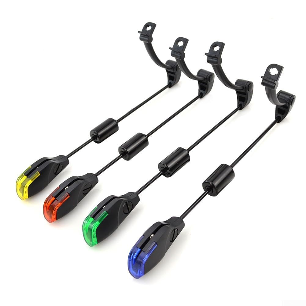 Lot de 4 détecteurs de touche pour pêche à la carpe avec indicateurs lumineux LED, siège de base amovible, dessus de boule magnétique, 2,5 mm, rouge, bleu, jaune, vert pour la nuit