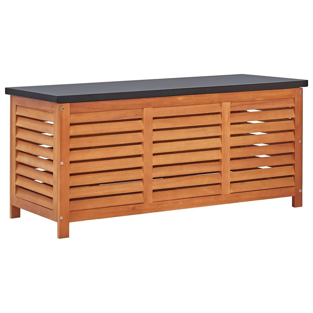 Caja de jardín con placa de metal 117 x 50 x 55 cm, espacio para cojines y cojines, madera maciza de eucalipto como banco y caja de almacenamiento