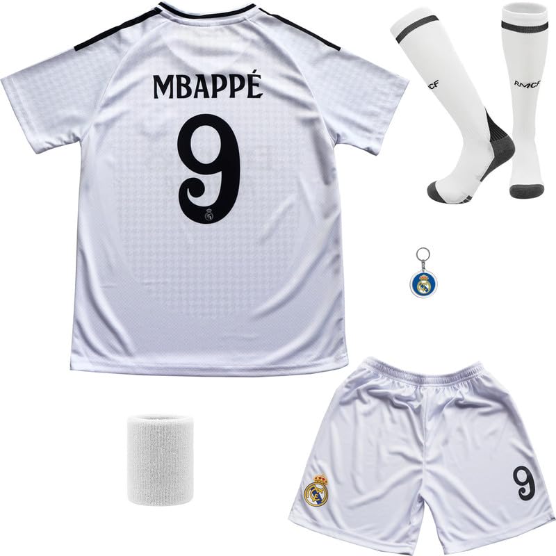DMDMK Madrid #9 Heim 2024/2025 Kinder Trikot Shorts/Socken Kinder Geschenk und Jungen Größen (White, 22 (5-6 Jahre))