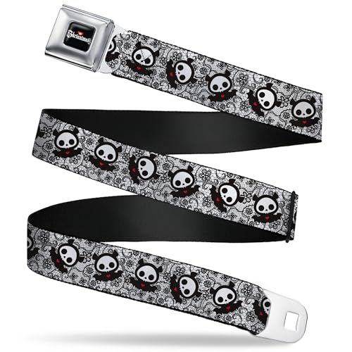 Skelanimals Belt, Seatbelt Buckle Belt, Skelanimals Diego the Bat Pose Lace Print White Black, Youth 20 to 36 Inches