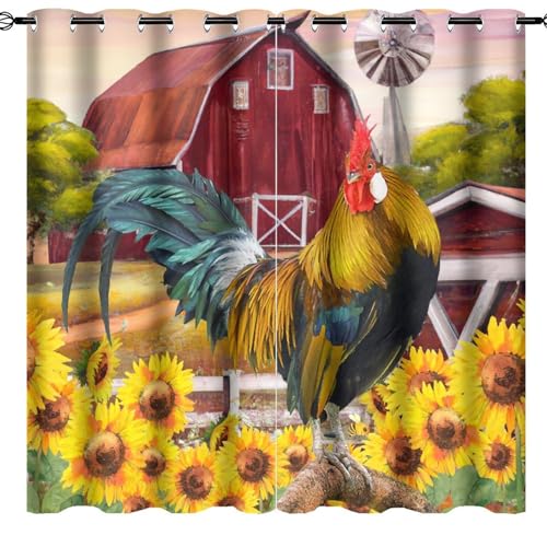Brebasf Watercolor Western Farmhouse Blackout Thermal Insulation Curtains,Rustic Farm Windmill Cute Rooster Spring Floral Sunflowers Room Darkening Top Grommets Curtain-2 Panels 63