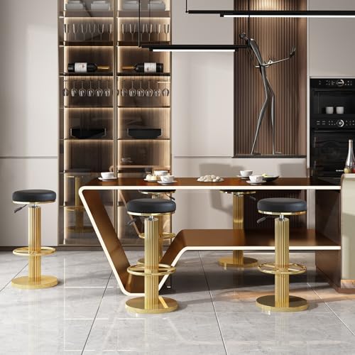 Image of FUNROLUX Gold Bar Stools Adjustable Swivel Counter Stools Modern Backless Counter Height Bar Stools for Kitchen Island with Metal Legs and Upholstered Microfiber Leather (Black)