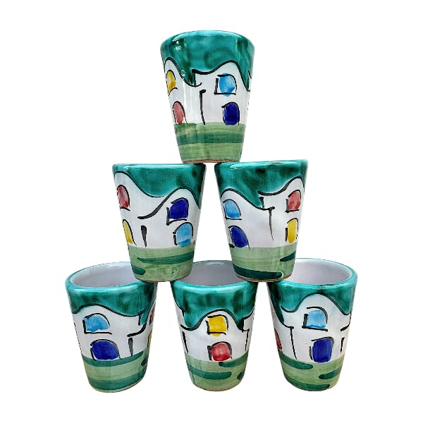 Generico Set di 6 Bicchieri Artigianali in Ceramica, Dipinti a Mano con Motivo Mediterraneo, Verde Acqua, per Bevande