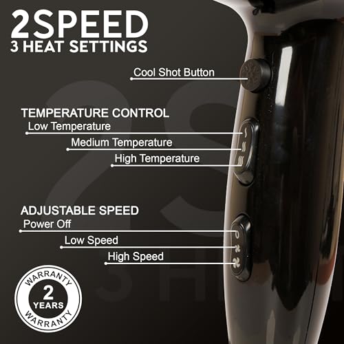 Image of Hair Dryer for Women | Fast Drying, Low Heat Damage, Smooth & Frizz-Free Hair | 1800-2000W Professional Blow Dryer with Cool Shot | Gustto Elevate (Black), BIS Certified