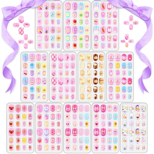 288 Pieces Kids Stick On Nails Girls, Acejoz Fake Nails Set Self Adhesive Press on Nails Tips for Little Girls Children 8-12 Year Kids Nail Decoration