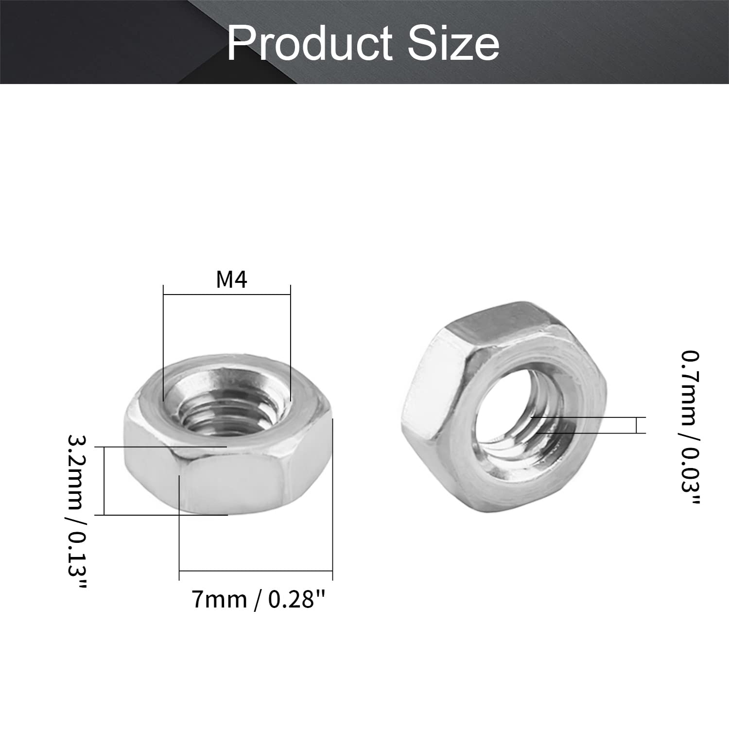 MroMax M4-0.7mm Hex Nuts, 304 Stainless Steel Metric Coarse Thread Hexagon Nut Fasteners for Mechanical Equipment,Construction Repair Silver 50Pcs