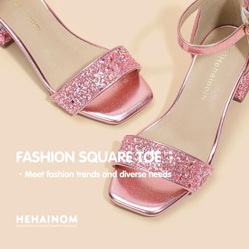 Image of Hehainom Girls Dress Shoes Heels Sandals Little Big Kids Square-Toe Ankle Strap Wedding Party Flower Girls Shoes