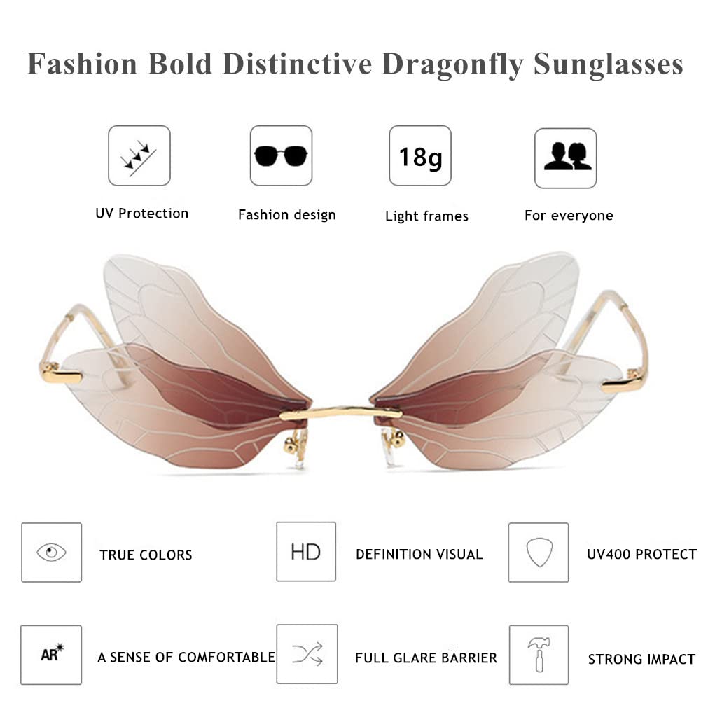 LASPOR Dragonfly okulary przeciwsłoneczne bez oprawek dla kobiet vintage złote metalowe bezramowe okulary motylkowe UV400 okulary ochronne