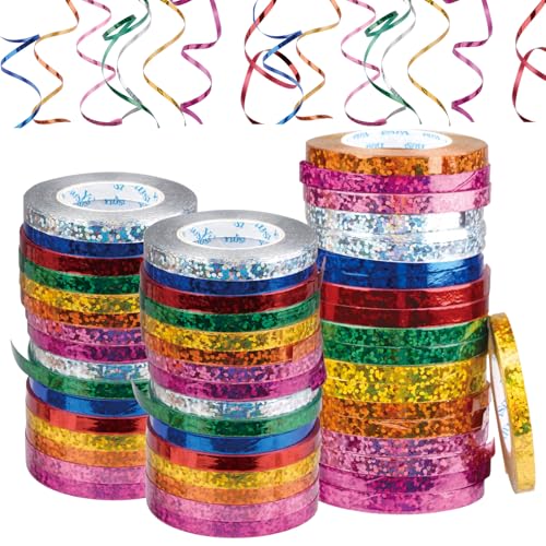 48 Rollen Luftschlangen 8 Farben Metallic Geschenkband 10 m Glitzernden Ringelband für Geburtstag Hochzeit Silvester Geschenkverpackung Deko