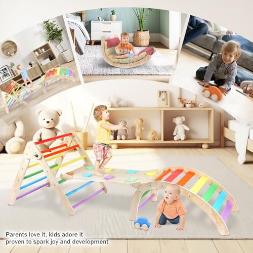 Image of Triangle Climbing Set, 7 in 1 Wooden Climbing Toys for Toddler 18 Months-3 Years Inside, Foldable Colorful Montessori Jungle Gym, Pikler Triangle Toddler Indoor Playground with Cars Arch Ramp Ladder