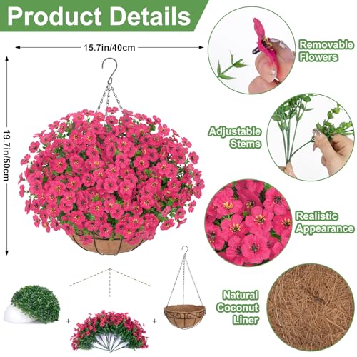 Image of Bassion Artificial Hanging Silk Flowers for Outdoors with Basket, Fuschia