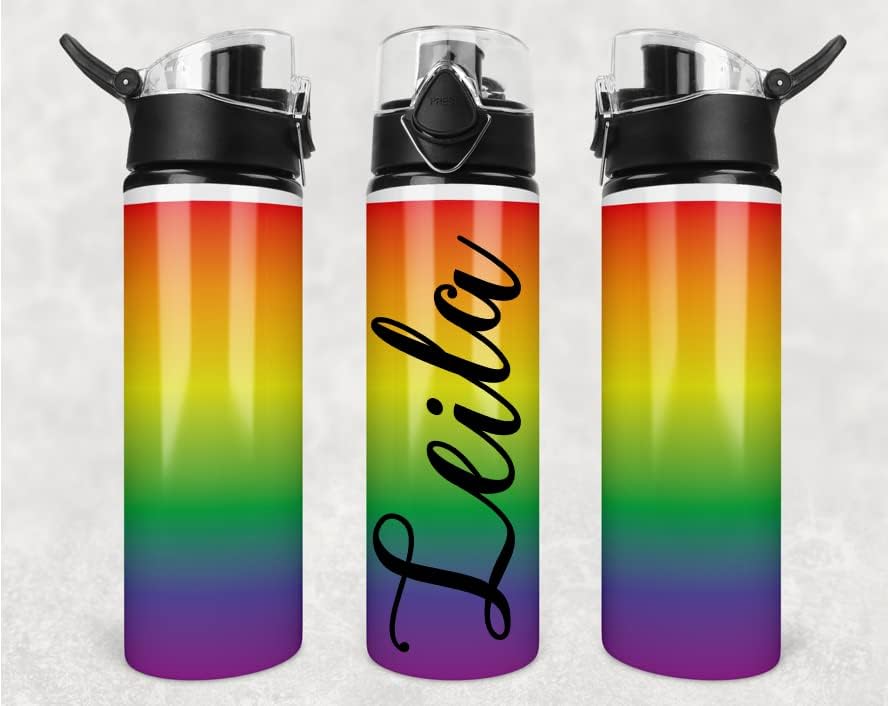 Personalized Flip Top Water Bottle 25oz | Gym Water Bottle | Travel Cup | 750ml | Rainbow Ombre Stripes with Name
