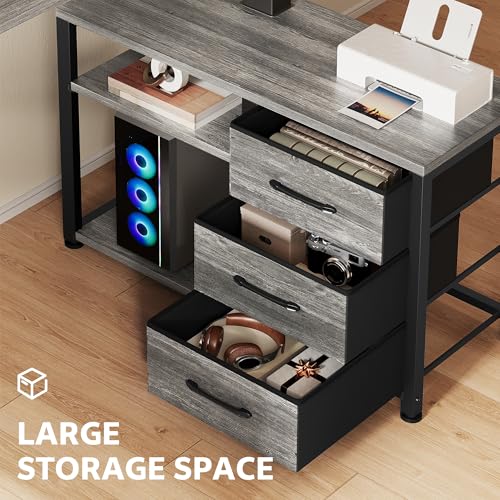 Image of 47 Inch L Shaped Desk with 3 Drawers Electric Standing Desks with Storage Computer Table Adjustable Height with Power Outlets 4 Memory Presets for Home Office, Grey