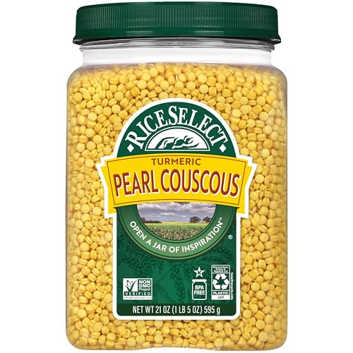 Image of RiceSelect Pearl Couscous with Turmeric, Israeli-Style Wheat Couscous, Non-GMO, Kosher, 21oz Jar (Pack of 1)