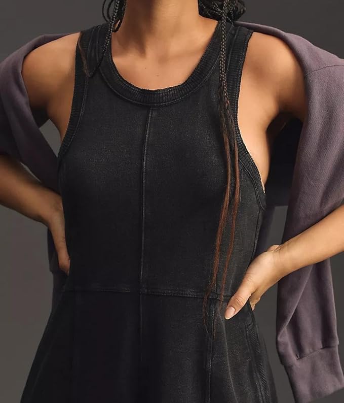 Womens Casual Jumpsuits Solid Color Loose Fit Summer Sleeveless Wide Leg Jumper Romper Zipper Down Travel Loose4