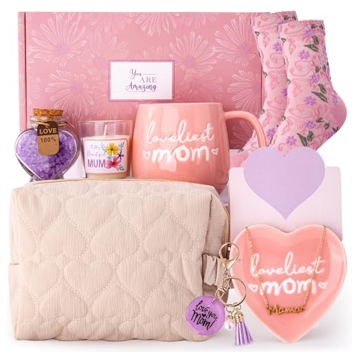 Gifts for Mom Mothers Day Birthday Christmas Valentines Gifts for Mom Grandma from Daughter or Son 14oz Ceramic Coffee Mug Basket Set Heart Shaped Jewelry Dish Gift Boxed