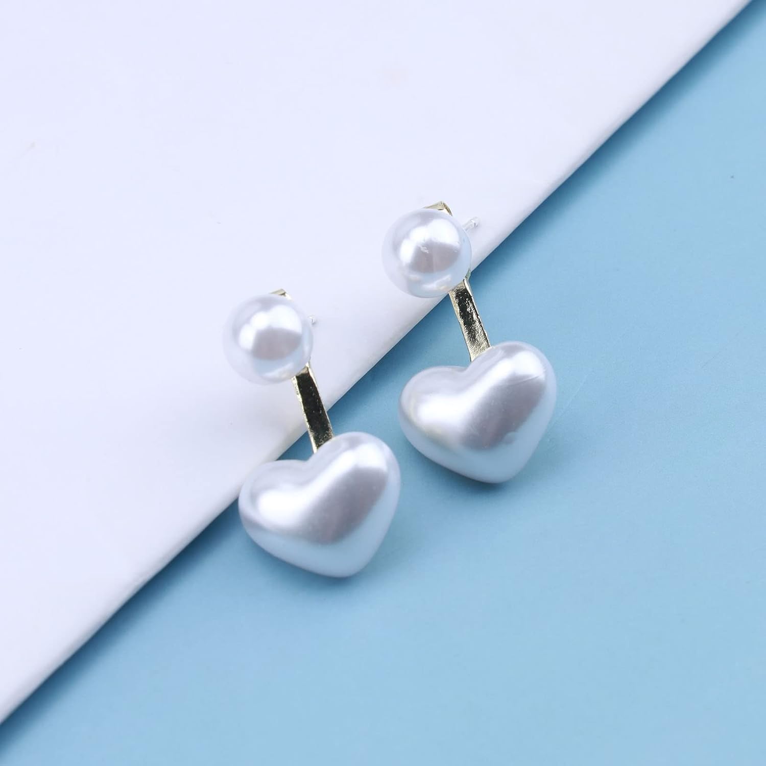 Boho Pearl Heart Ear Jacket Earrings Gold Pearl Studs Earrings Love Heart Earrings Double Sided Front Back Earrings Jewelry for Women - Image 3