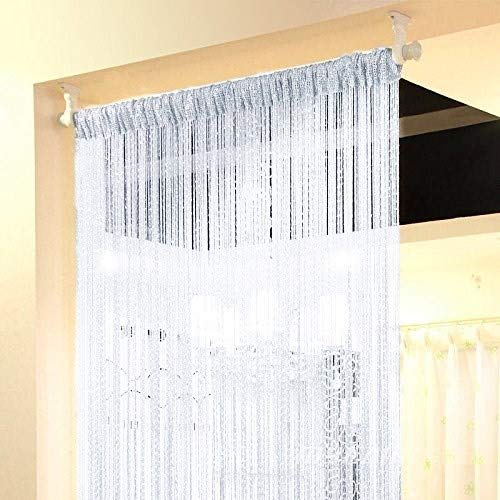 Topixdeals Door Fringe Curtain,Door Curtains,Rare Flat Silver Ribbon,Thread Fringe Window Panel Room Divider Cute Strip Tassel Party Events(110"X110",1Pack, White)