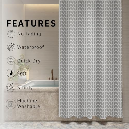 Image of HOMETHREADS Embrace Luxury with Our 6-Feet Long Premium Polyester Shower Curtain with 12 Hooks for a Lavish Bathroom Ambiance | Stylish, Splendid, and Perfectly Sized (Grey Leaf, 180x200cm)