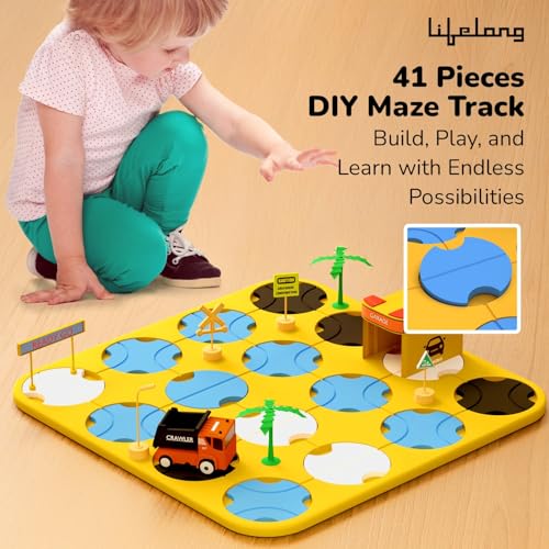 Image of Lifelong Cuppy 41-Piece DIY Maze Track Toy with Light & Music | STEM Learning Puzzle Game with Garage, Road Signs & Battery Car | Educational Construction Playset for Kids | Boosts Skills for 2+ Years
