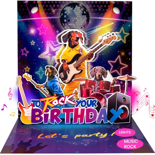 mountova Birthday Card, Funny Birthday Cards for Men Women Kids, Exquisite MUSICAL & SHAKING & LIGHTING Rock Band Dog Pop-up Greeting Card Gifts with Envelope, 6.1 x 6.1 Inch