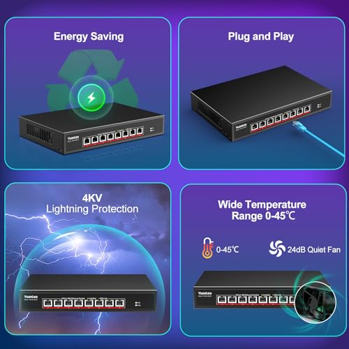 Image of YuanLey 8-Port 10G Ethernet Switch, 8 x 10Gbps RJ45 Ports, Support 10G /5G /2.5G /1G /100Mbps Speed Auto-Negotiation, 160Gbps Switching Capacity, Unmanaged Switch Rackmountable, Plug and Play