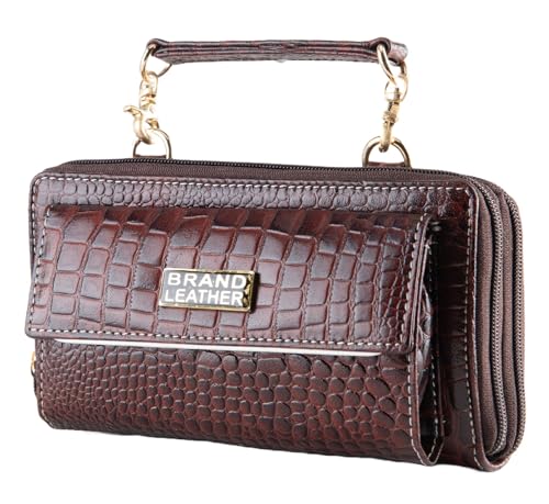 Image of BRAND LEATHER Genuine Leather Clutch Handbags for Women trendy Ladies Purse Wallet for Party Wedding handheld bags for women small size (CROCO BROWN)