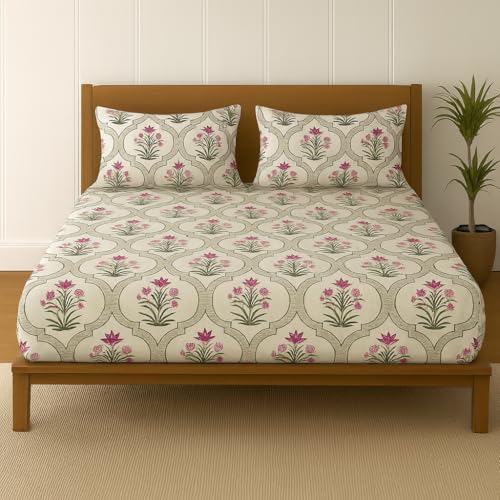 BSB HOME Cloud Cotton Full Elastic Fitted Bedsheets for Double King Size Bed with 2 Pillow Covers 220 TC Supersoft | Wrinkle Free Bed Cover Size - 72x78+10 inches, Flower Printed Pink Beige