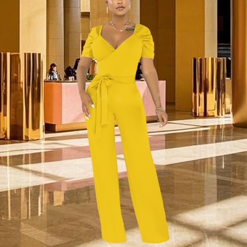 Image of PaladMom Womens Elegant Plus Size Jumpsuits Sexy Back zipper Short Sleeve Mid Waist Wide Leg Straight Rompers