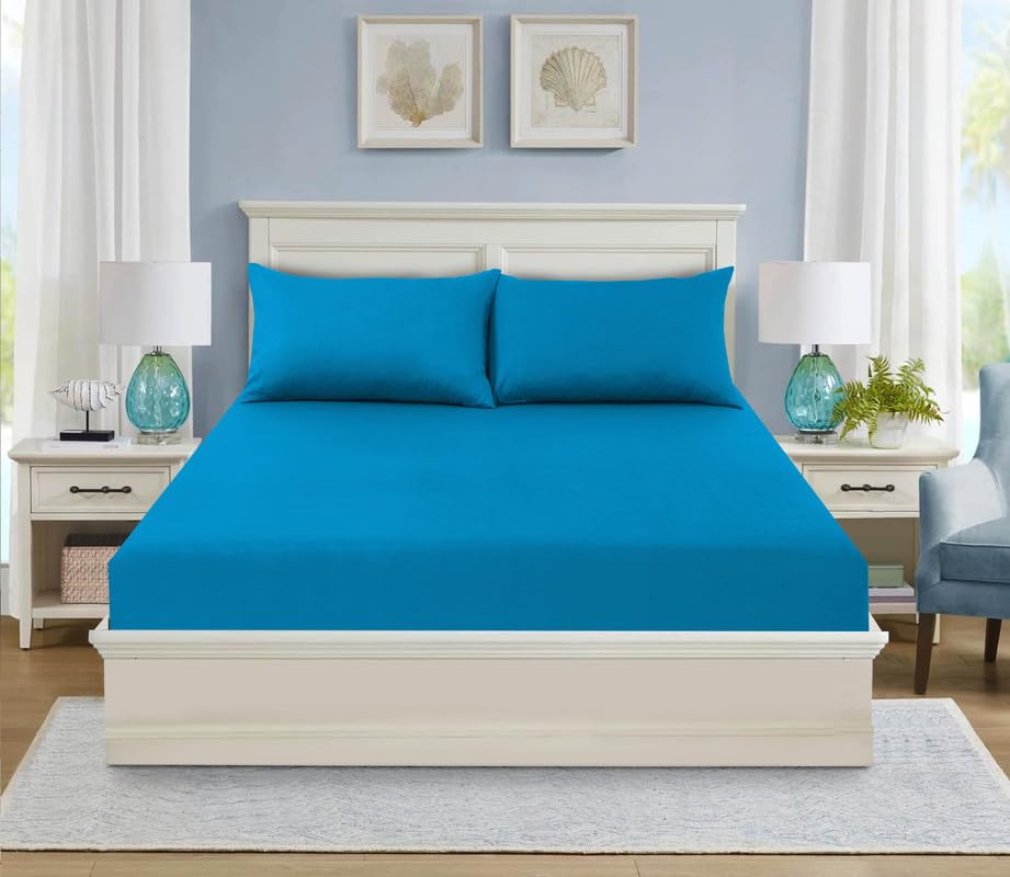 WEAVERS: 3 Pcs Luxury Polycotton 25cm Deep Fitted Sheet with Pillowcase Pair (Size Double, Colour Teal) โ image 1