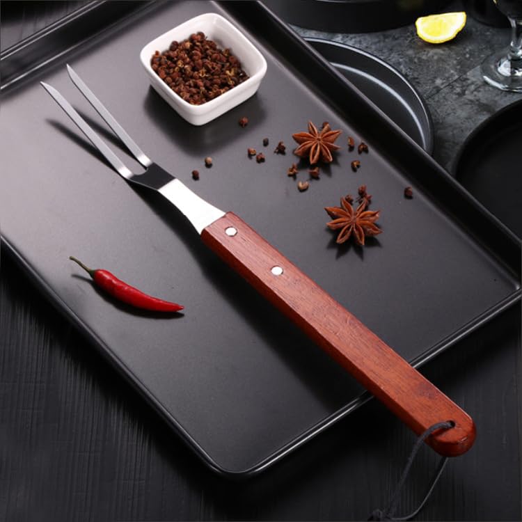Forchetta da Carne in Acciaio Inossidabile, Forchetta da Portata in Acciaio Inossidabile con Manico in Legno, Forchetta da Cucina per Barbecue, Forchetta da Grill da Servizio, 38,5 cm