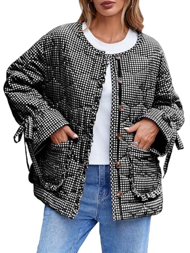 Tankaneo Womens Cropped Quilted Puffer Jackets Lightweight Plaid Button Down Bow Padded Down Coat