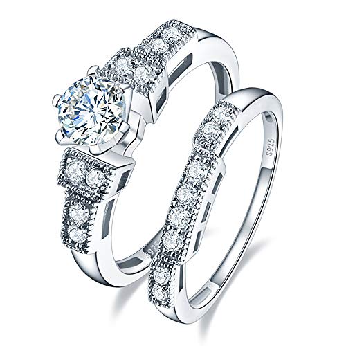 BONLAVIE Cubic Zirconia Solid Sterling Silver Engagment Wedding Band Rings Bridal Set for Women 9