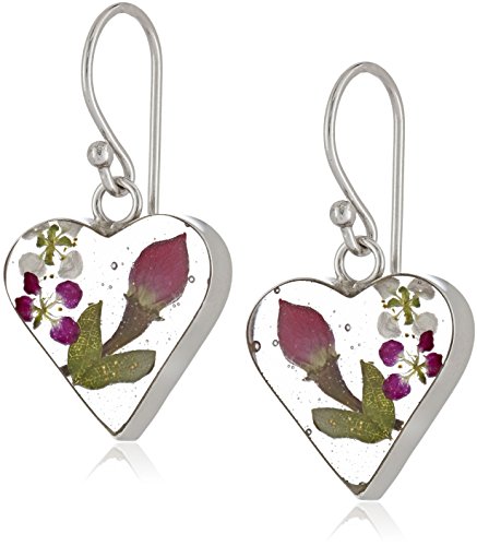 Sterling Silver Pressed-Flower Heart Drop Earrings
