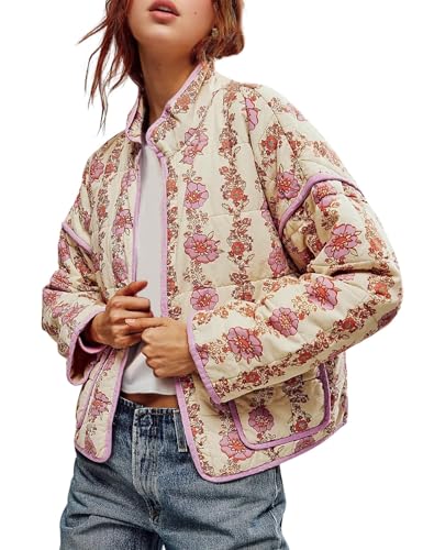 Wyeysyt Women's Cropped Quilted Jacket Floral Print Padded Puffer Jackets Lightweight Open Front Cardigan Coat Outwear (Purple-S)