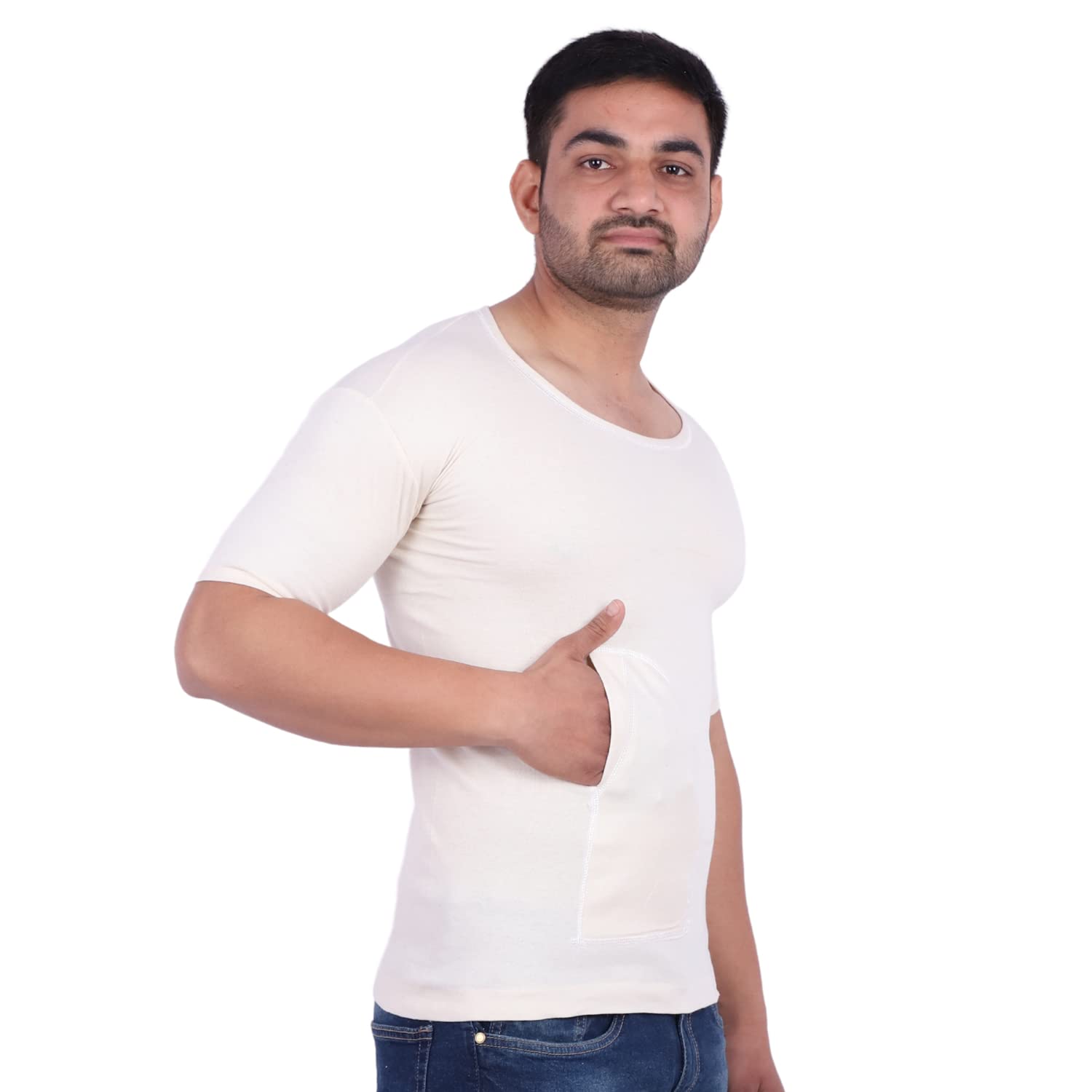 spenca Cotton Men Pocket Interlock Half Sleeves Rns Vest Off White Color Pack of 1-picture-34