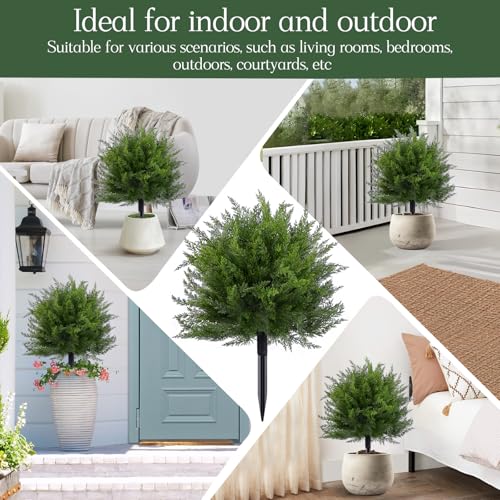 Artificial Topiary Bushes for Outdoors with Spike, Boxwood Ball Fake Shrubs UV Resistant Faux Plants for Indoor Outdoor Fall Thanksgiving Halloween Decor (Cedar Topiary Ball Trees) - Image 6