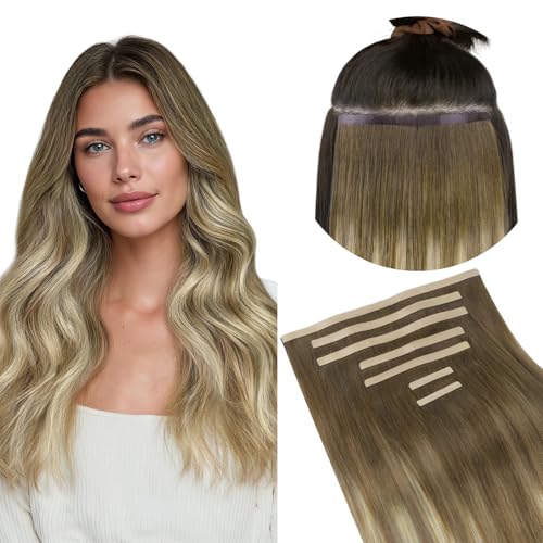 Image of GOO GOO Tape In Weft Hair Extensions Human Hair, 3 /8 /613 Walnut Brown to Ash Brown and Bleach Blonde, 8 inch /6 inch /4 inch /1.5 inch Wide Tape, 18inch 7pcs 110g, Tape Weft Hair Extensions, Seamless Tape in