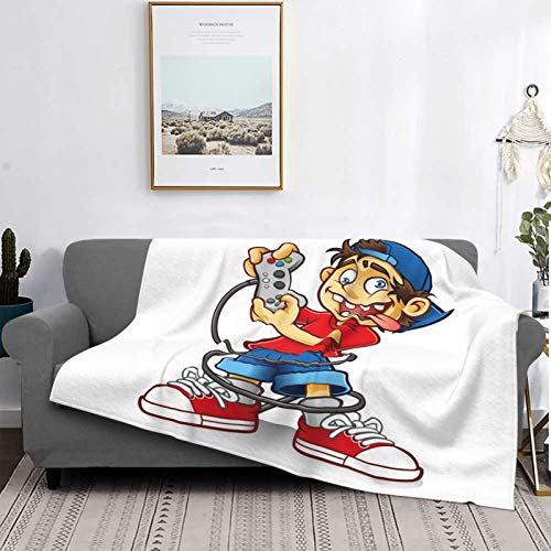  Manta de Tiro Ligero Suave Lana Calentar,Personaje de dibujos animados de jugador con sombrero al revés y ojos locos jugando videojuegos Doodle divertido,Toda la Temporada Sofá Cama Edredón,60