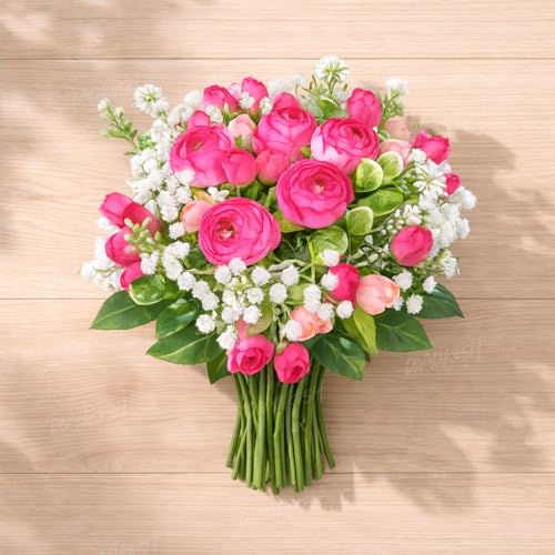 Image of Divyakosh Artificial Peony Flower Bunch for Vase | Real Touch Faux Flowers with Gypsophila & Green Leaves | Decorative Fake Flowers for Home Living Room Bedroom Office Table Decor (VASE NOT Included)