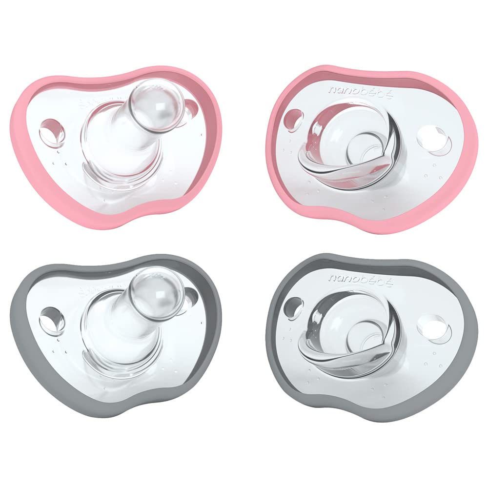 Nanobebe Flexy Baby Pacifiers 3+ Months - Orthodontic, Lightweight and Vented, Curves Comfortably with Face Contour, 100% Silicone - BPA Free, Perfect Baby Registry Gift 4 pack, Pink/ Grey