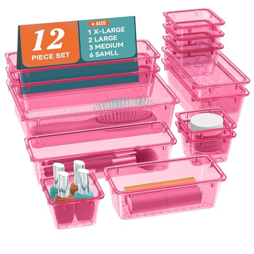 Image of ElegantArray 12 PCS Drawer Organizer Set, 4 Sizes Tool Storage Trays, Clear Plastic Makeup Vanity Organizer and Storage Bins for Stationeries, Multiple Gadgets for Office, Bedroom, Pink