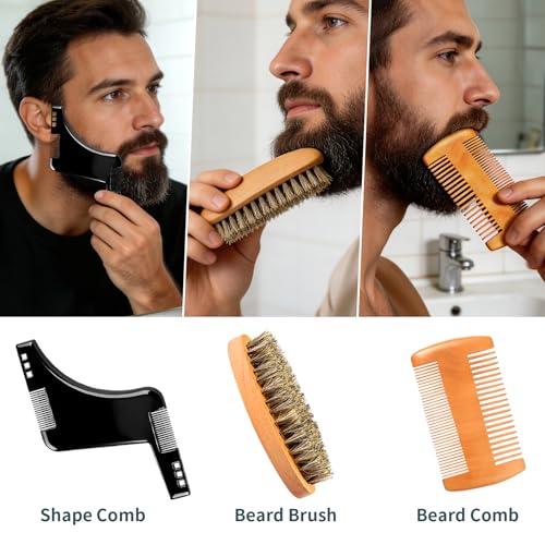 Bartpflege-Set für Herren mit Vorrasuröl, Bartbalsam, After-Shave-Creme, Bartbürste, Kamm, Schere, Stylingkamm, Schal und Aufbewahrungstasche – Geschenkset für Ihn, Papa und Ehemann; Vatertag
