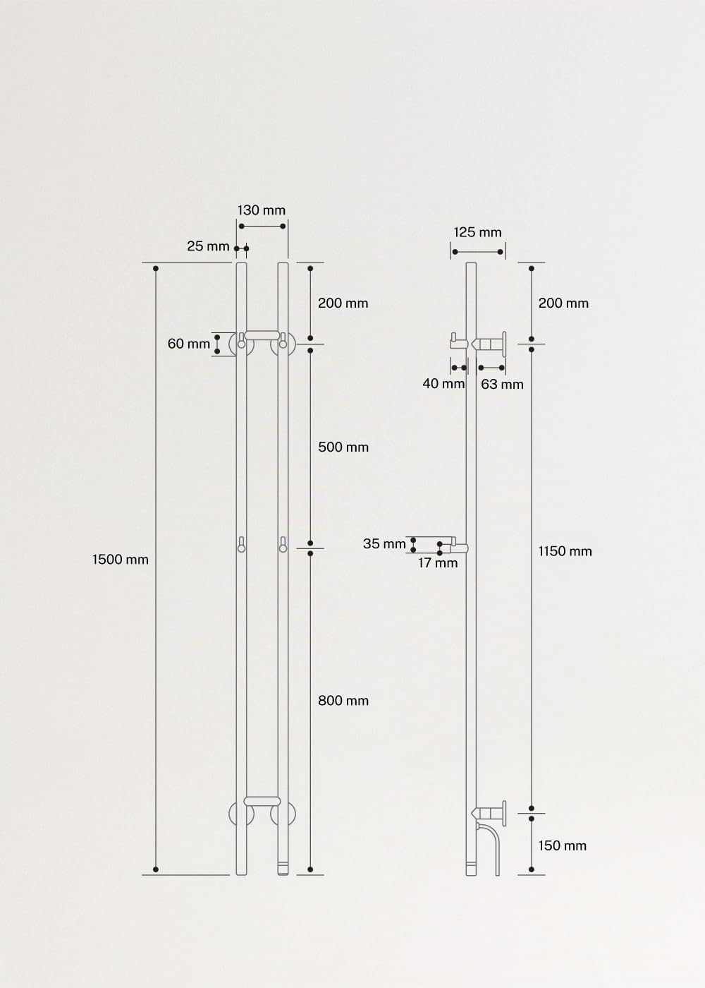 CREATE/Warm Towel Tube/Sèche-Serviettes électrique 2 Barres Acier Inoxydable/Design Vertical, 150x13 cm, 2 réglages de température, minuterie, Acier Inoxydable, 120W